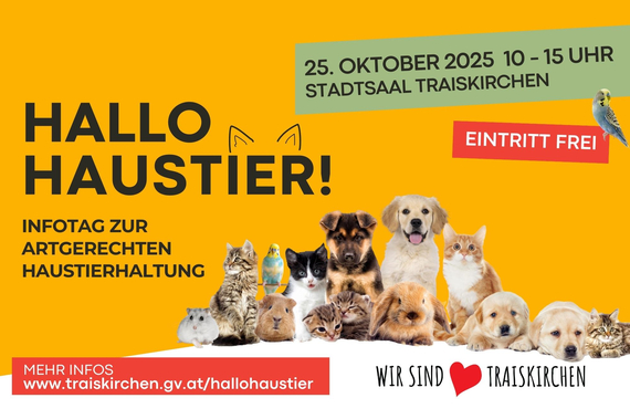 Die Infomesse Hallo Haustier findet am 25. Oktober 2025 von 10 bis 15 Uhr in den Stadtsälen Traiskirchen statt. Eintritt frei.