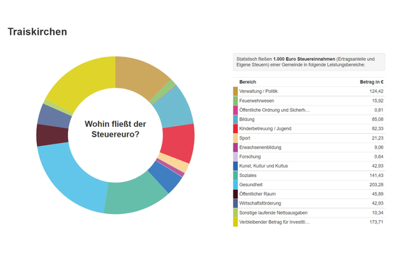 Grafische Darstellung der Verwendung der Steuereinnahmen, Inhalt im Anschluss als Tabelle ausgeführt