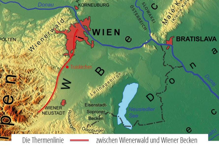 Eine Karte zeigt die Wetterscheide zw. Wiener Wald und Wiener Becken.