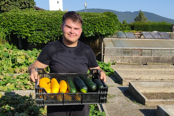 Lehrling hält Korb mit Gemüse in der HAnd