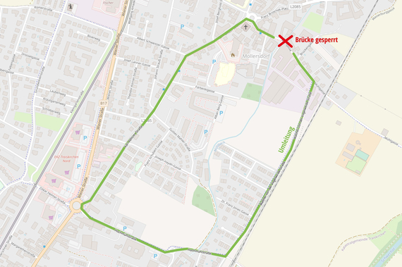 Grafik der Umleitung über  W. v. d. Vogelweide-Straße – Hochmühlstraße – K. Adlitzer-Straße