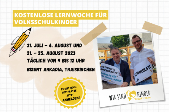 Die Stadt bietet zwei kostenlose Wochen Lernhilfe für alle Volksschulkinder, die eine 3, 4 oder 5 in ihrem Zeugnis haben 31. Juli bis 4. August und 21. bis 25. August 2023, täglich von 9-12 Uhr, im BiZENT Arkadia Traiskirchen. Es gibt noch Restplätze! Jetzt anmelden.© Stadtgemeinde Traiskirchen