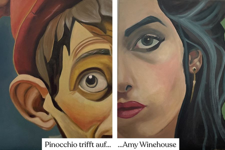 Eine Gesichtshälfte von Pinocchio, die andere von Amy Winehouse